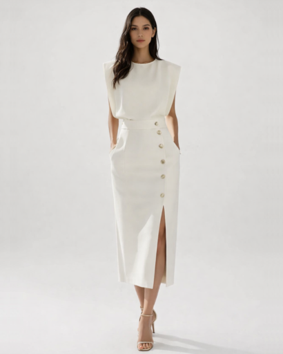 Robe midi femme coupe droite fendue avec boutons décoratifs
