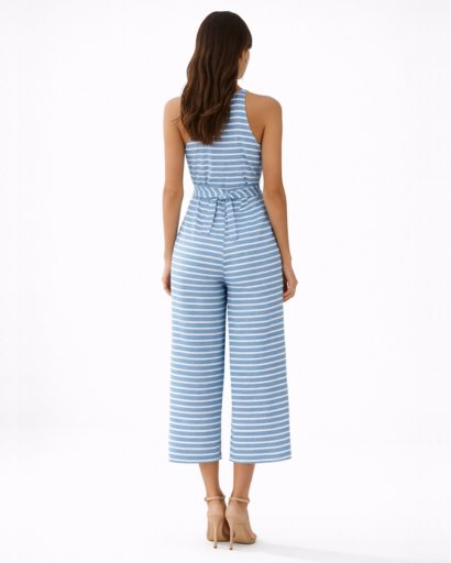 Combinaison femme rayée pantalon large ceinturée sans manches