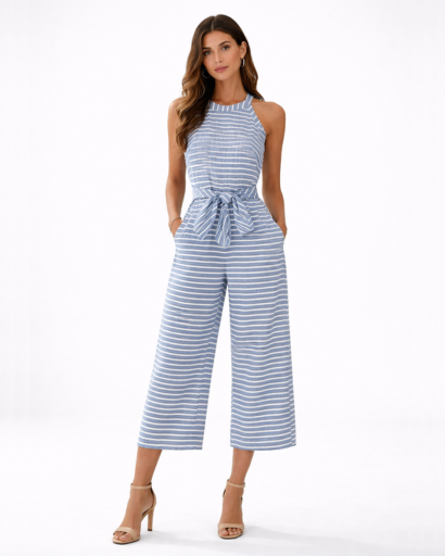 Combinaison femme rayée pantalon large ceinturée sans manches