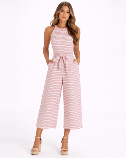 Combinaison femme rayée pantalon large ceinturée sans manches