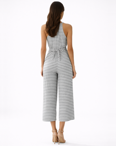Combinaison femme rayée pantalon large ceinturée sans manches