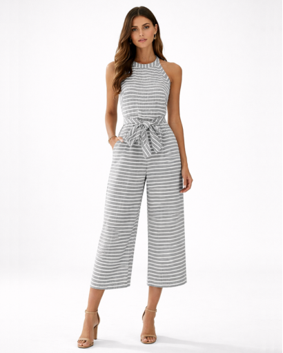 Combinaison femme rayée pantalon large ceinturée sans manches