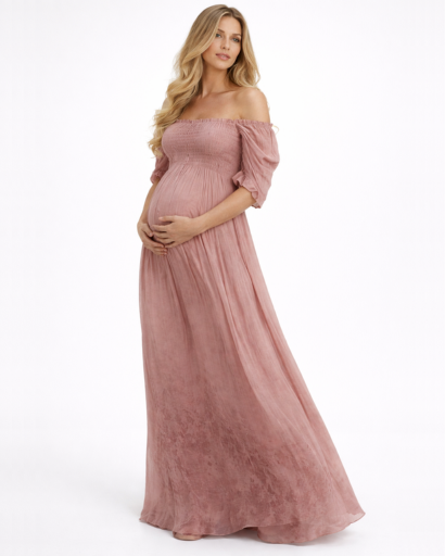 Robe longue femme épaules dénudées coupe fluide taille smockée