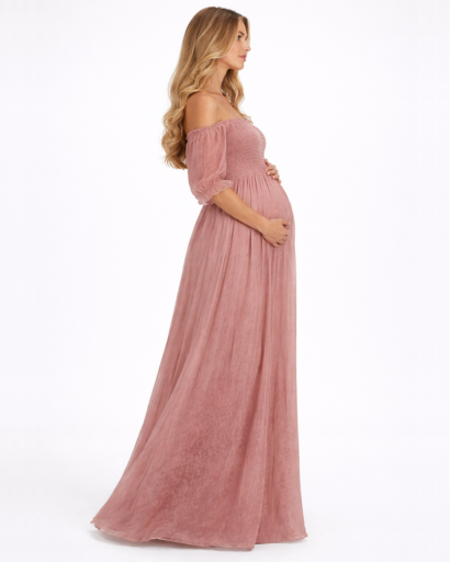 Robe longue femme épaules dénudées coupe fluide taille smockée