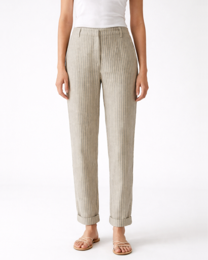 Pantalon femme rayé coupe droite taille élastique avec cordon