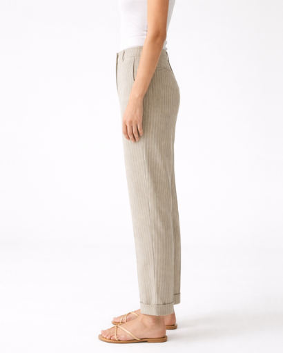 Pantalon femme rayé coupe droite taille élastique avec cordon