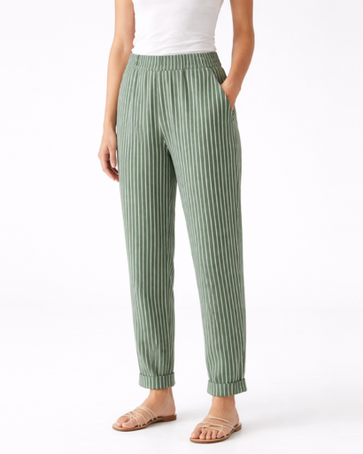 Pantalon femme rayé coupe droite taille élastique avec cordon