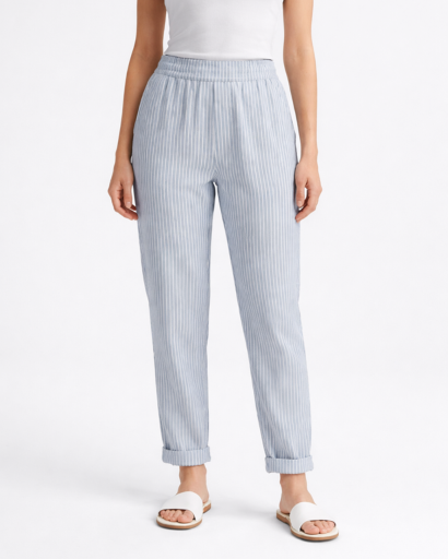 Pantalon femme rayé coupe droite taille élastique avec cordon