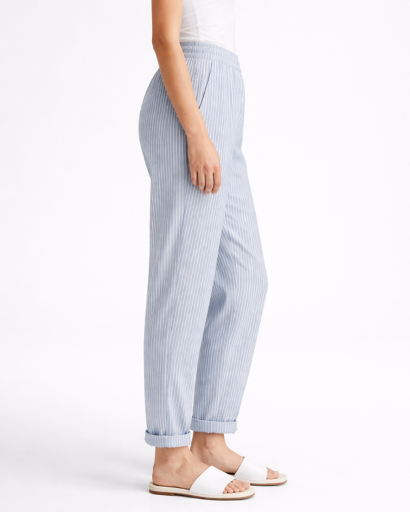 Pantalon femme rayé coupe droite taille élastique avec cordon