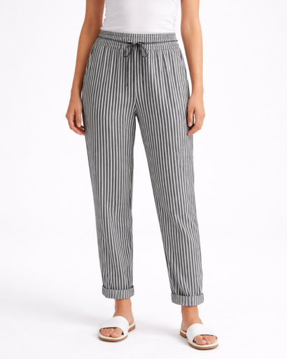 Pantalon femme rayé coupe droite taille élastique avec cordon