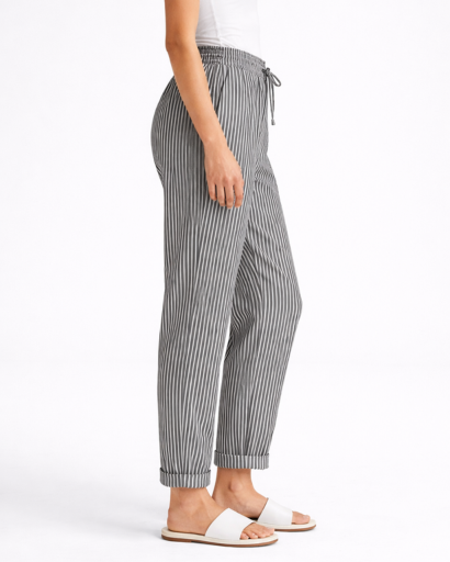 Pantalon femme rayé coupe droite taille élastique avec cordon