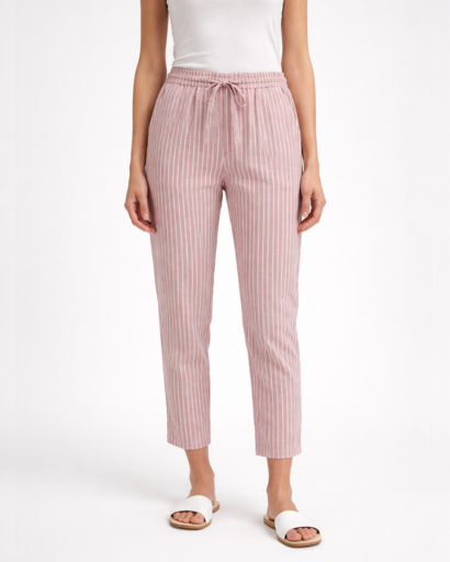 Pantalon femme rayé coupe droite taille élastique avec cordon