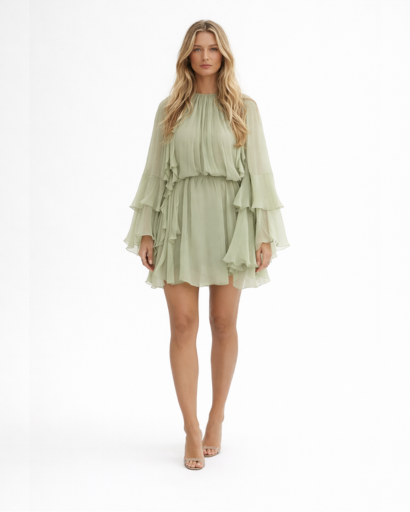 Robe Courte Femme Fluide à Volants Manches Longues