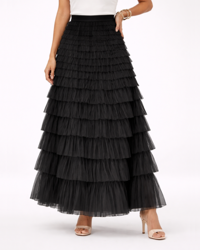 Jupe Longue Femme Tulle à Volants Superposés Taille Haute