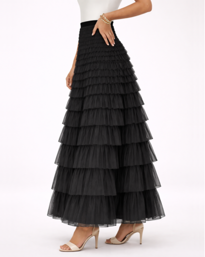 Jupe Longue Femme Tulle à Volants Superposés Taille Haute