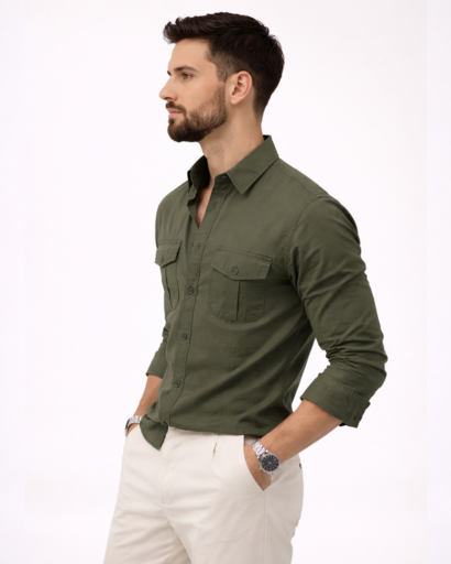 Chemise Homme Manches Longues Poches Poitrine Coupe Ajustée