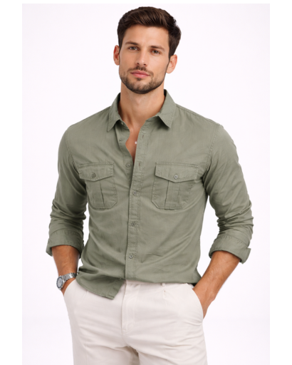 Chemise Homme Manches Longues Poches Poitrine Coupe Ajustée