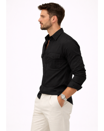 Chemise Homme Manches Longues Poches Poitrine Coupe Ajustée