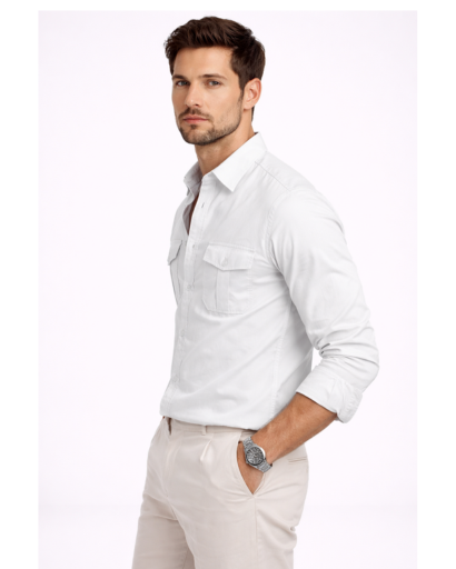 Chemise Homme Manches Longues Poches Poitrine Coupe Ajustée