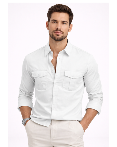 Chemise Homme Manches Longues Poches Poitrine Coupe Ajustée