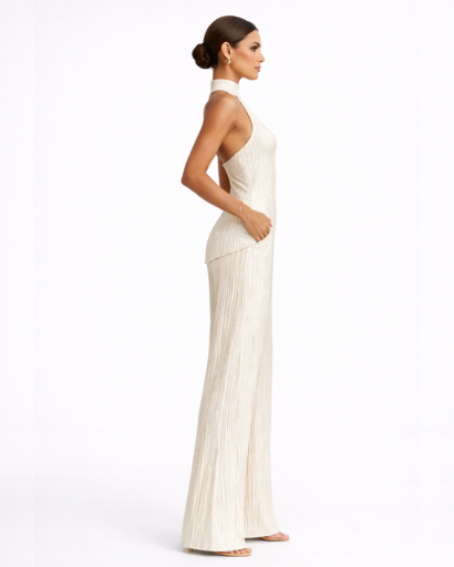 Combinaison Femme Plissée Dos Nu Col Montant Jambes Larges – Soirée Élégante | Invitée de Mariage Chic