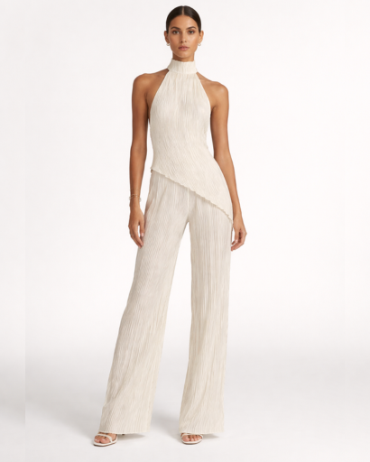 Combinaison Femme Plissée Dos Nu Col Montant Jambes Larges – Soirée Élégante | Invitée de Mariage Chic