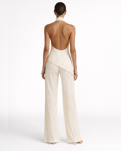 Combinaison Femme Plissée Dos Nu Col Montant Jambes Larges – Soirée Élégante | Invitée de Mariage Chic