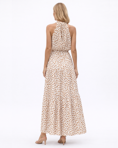 Robe Longue Femme Fluide Col Halter Ceinturée Imprimée Fleurie – Robe Maxi | Invitée de Mariage Chic