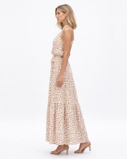Robe Longue Femme Fluide Col Halter Ceinturée Imprimée Fleurie – Robe Maxi | Invitée de Mariage Chic