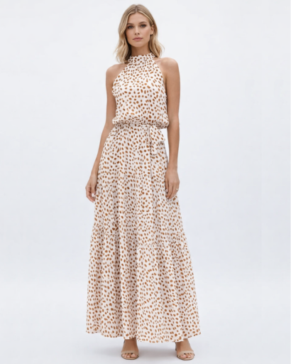 Robe Longue Femme Fluide Col Halter Ceinturée Imprimée Fleurie – Robe Maxi | Invitée de Mariage Chic