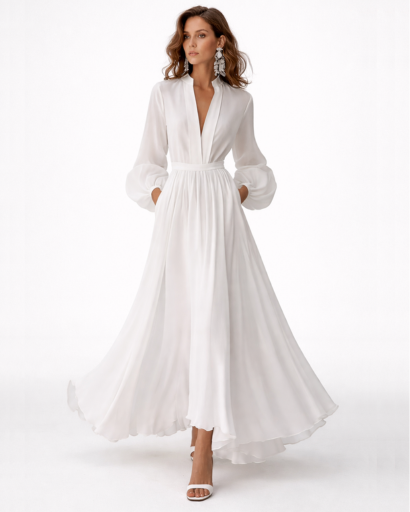 Robe Longue Femme Fluide Col V Taille Cintrée – Robe Maxi Cérémonie | Invitée de Mariage & Soirée