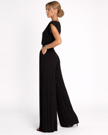 Combinaison pantalon femme – Style fluide jambe large taille haute | Jumpsuit deux pièces sans manches