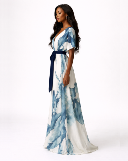 Robe Longue Fluide Femme Imprimé Fleuri Col V Élégant – Robe Maxi | Invitée de Mariage & Cérémonie
