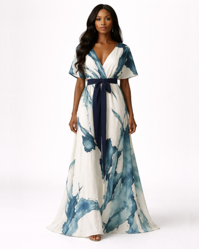 Robe Longue Fluide Femme Imprimé Fleuri Col V Élégant – Robe Maxi | Invitée de Mariage & Cérémonie