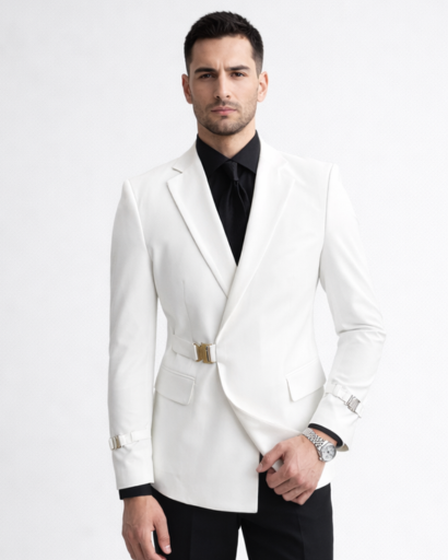 Blazer Homme Ajusté Boucle Métallique Taille Col Tailleur – Élégance Cérémonie | Mariage & Bureau Chic