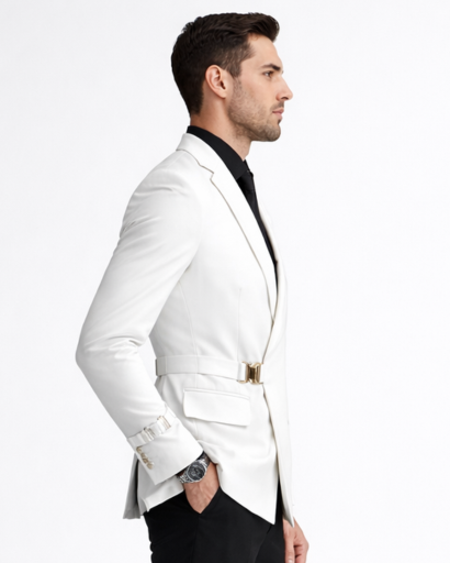 Blazer Homme Ajusté Boucle Métallique Taille Col Tailleur – Élégance Cérémonie | Mariage & Bureau Chic