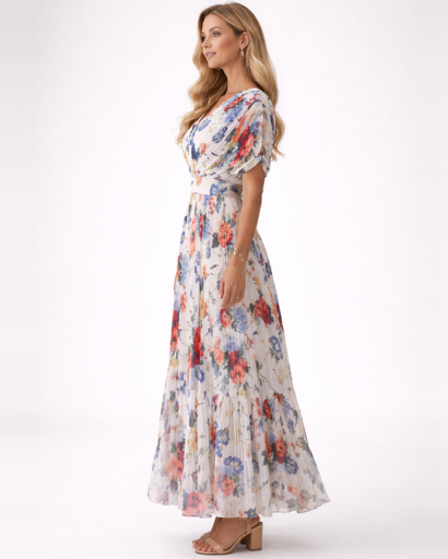 Robe longue femme fluide – Élégance romantique col V imprimé fleuri | Robe maxi fleurie