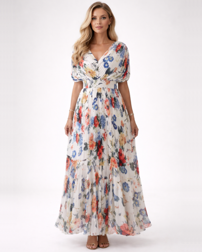 Robe longue femme fluide – Élégance romantique col V imprimé fleuri | Robe maxi fleurie