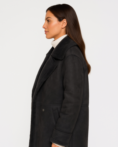 Manteau Femme Long Effet Peau Lainée – Col Large & Finitions Douces