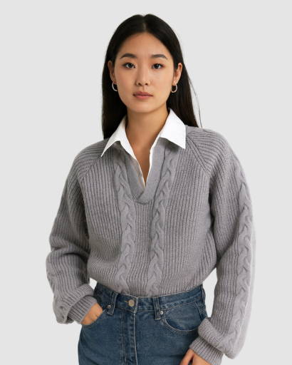 Pull Femme Tricot Côtelé à Col V – Motif Câble Élégant