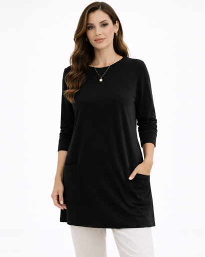 Tunique longue femme coupe droite manches longues avec poches plaquées