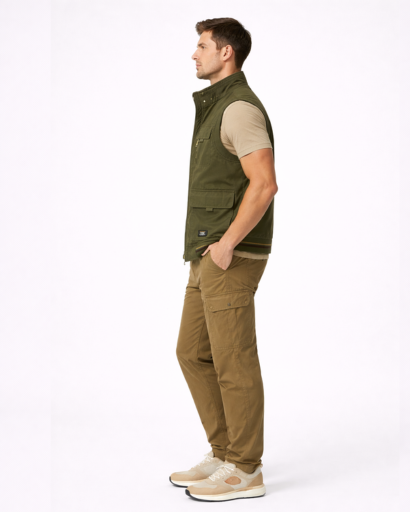 Gilet Homme Sans Manches Multi-Poches Style Utilitaire avec Col Montant et Fermeture Zippée