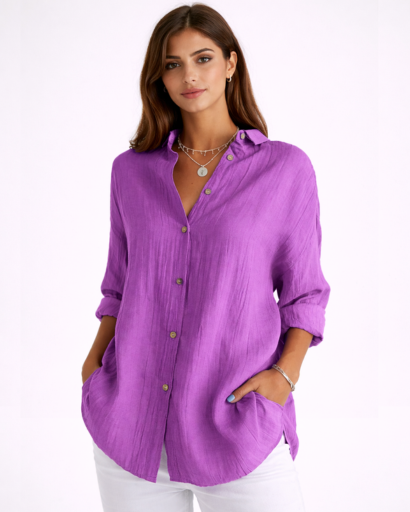 Chemise femme fluide à manches longues avec col classique et boutons