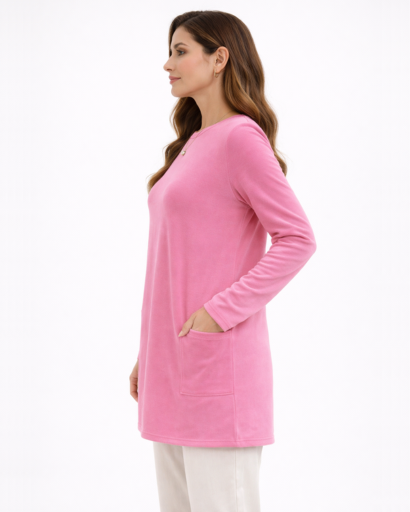 Tunique longue femme coupe droite manches longues avec poches plaquées