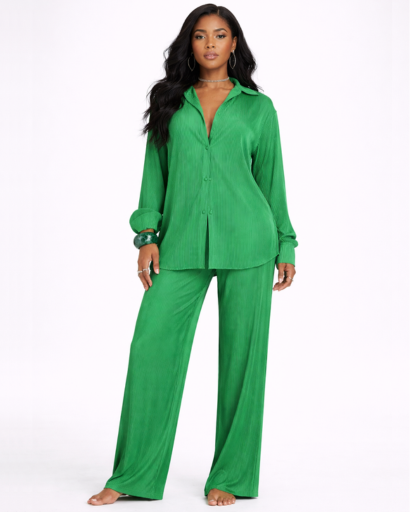 Ensemble femme chemise et pantalon fluide coupe large confortable