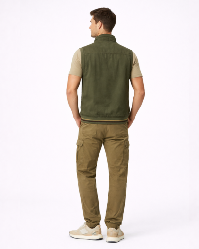 Gilet Homme Sans Manches Multi-Poches Style Utilitaire avec Col Montant et Fermeture Zippée