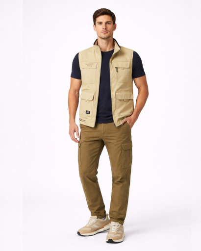 Gilet Homme Sans Manches Multi-Poches Style Utilitaire avec Col Montant et Fermeture Zippée