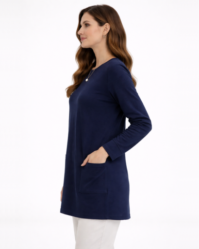 Tunique longue femme coupe droite manches longues avec poches plaquées