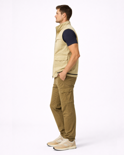 Gilet Homme Sans Manches Multi-Poches Style Utilitaire avec Col Montant et Fermeture Zippée