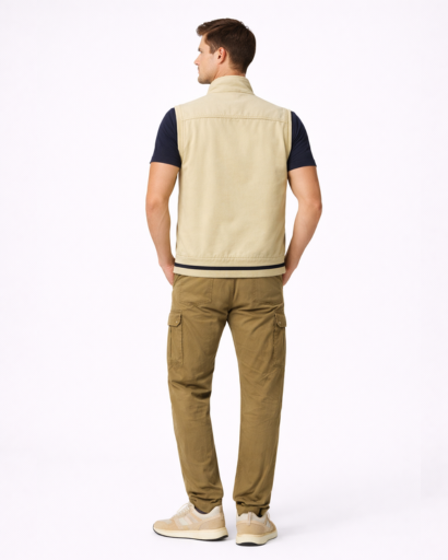 Gilet Homme Sans Manches Multi-Poches Style Utilitaire avec Col Montant et Fermeture Zippée